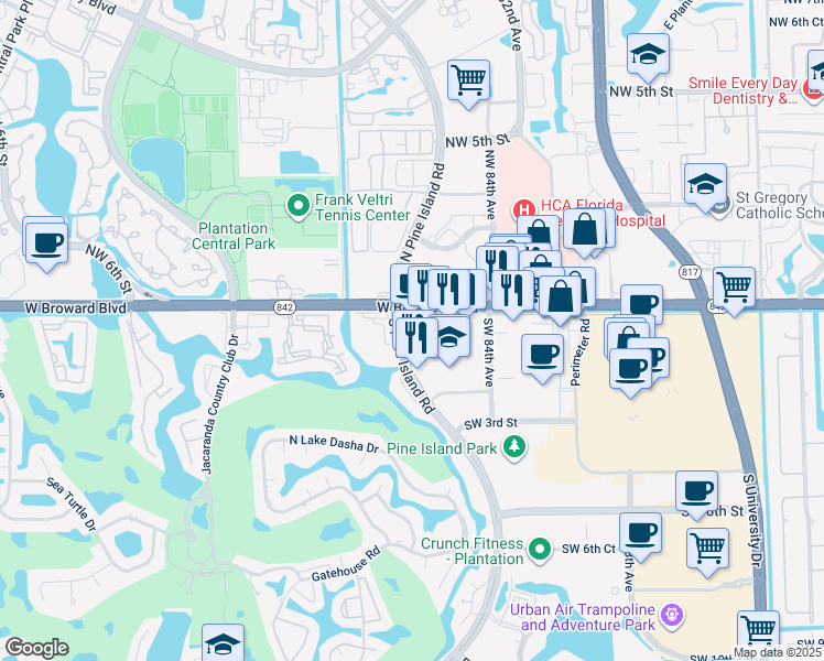map of restaurants, bars, coffee shops, grocery stores, and more near 64-102 South Pine Island Road in Plantation