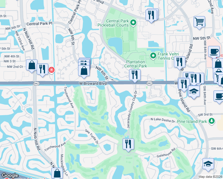 map of restaurants, bars, coffee shops, grocery stores, and more near 50 Wimbledon Lakes Drive in Plantation