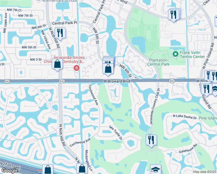 map of restaurants, bars, coffee shops, grocery stores, and more near 121 Southwest 96th Terrace in Plantation