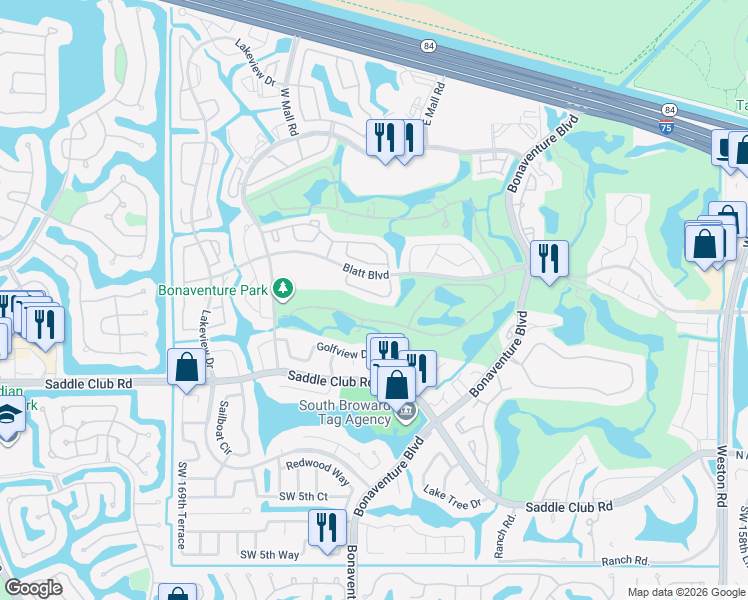 map of restaurants, bars, coffee shops, grocery stores, and more near 16673 Botaniko Drive South in Weston