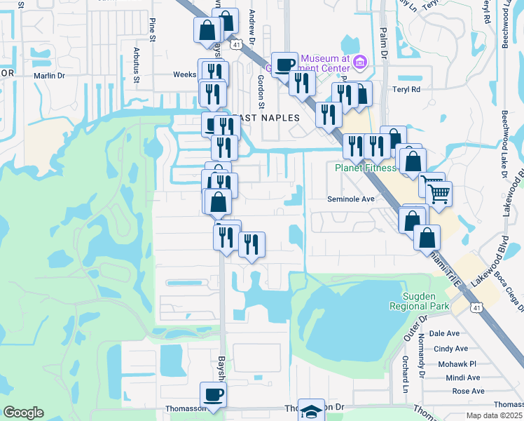 map of restaurants, bars, coffee shops, grocery stores, and more near 3120 Barrett Avenue in Naples