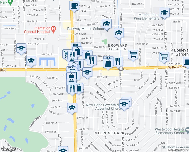 map of restaurants, bars, coffee shops, grocery stores, and more near 3770 Southwest 1st Street in Fort Lauderdale