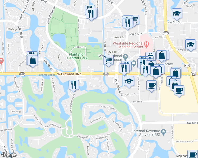 map of restaurants, bars, coffee shops, grocery stores, and more near 151 Southwest 91st Avenue in Plantation