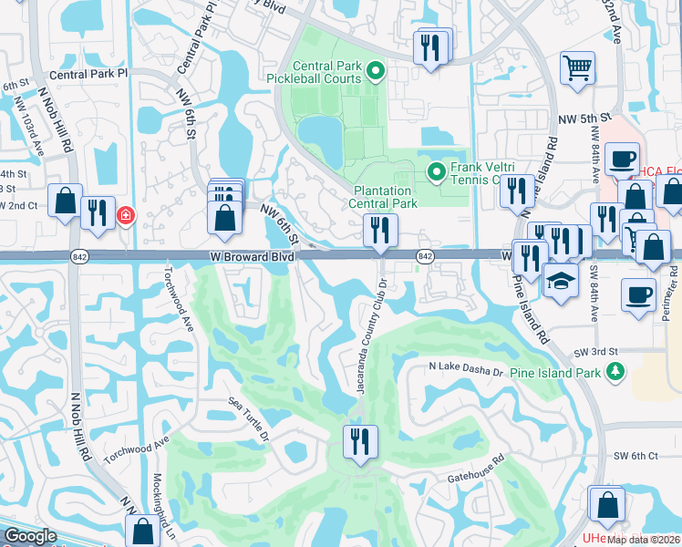 map of restaurants, bars, coffee shops, grocery stores, and more near 129 Southwest 1st Street in Plantation