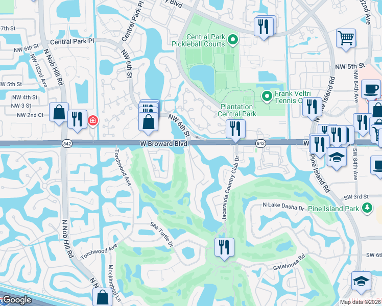 map of restaurants, bars, coffee shops, grocery stores, and more near 50 Wimbledon Lakes Drive in Plantation