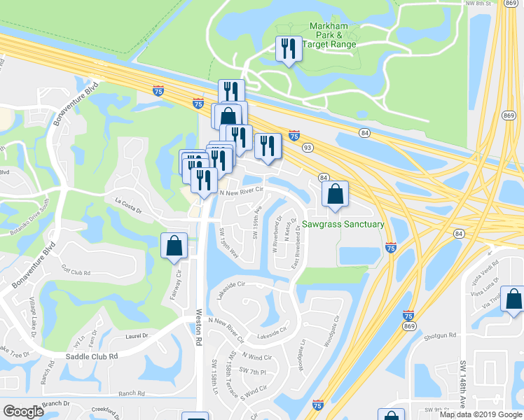map of restaurants, bars, coffee shops, grocery stores, and more near 201 West Riverbend Drive in Sunrise