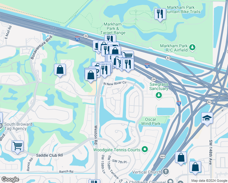 map of restaurants, bars, coffee shops, grocery stores, and more near 15718 East Waterside Circle in Sunrise