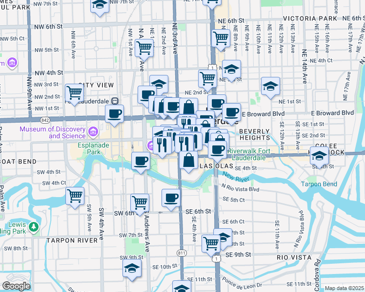 map of restaurants, bars, coffee shops, grocery stores, and more near 300 Southeast 2nd Street in Fort Lauderdale