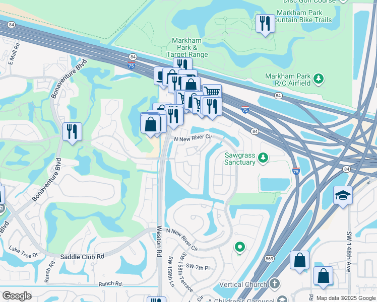 map of restaurants, bars, coffee shops, grocery stores, and more near 15718 East Waterside Circle in Sunrise