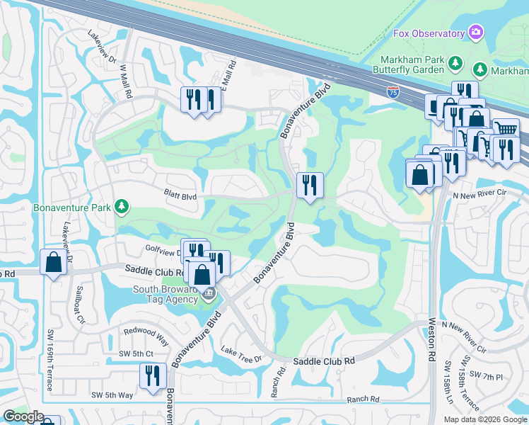 map of restaurants, bars, coffee shops, grocery stores, and more near 16543 Botaniko Drive South in Weston