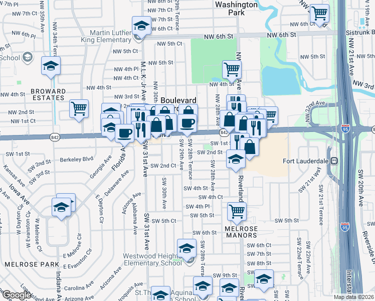map of restaurants, bars, coffee shops, grocery stores, and more near 221 Southwest 28th Terrace in Fort Lauderdale