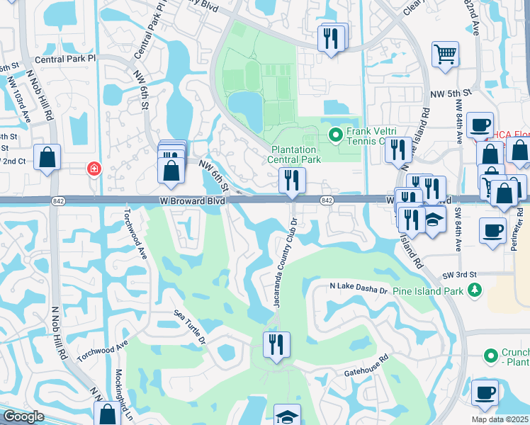 map of restaurants, bars, coffee shops, grocery stores, and more near 9339 Southwest 1st Street in Plantation