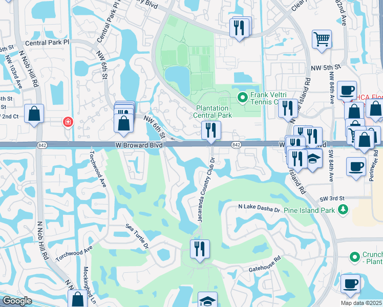 map of restaurants, bars, coffee shops, grocery stores, and more near 9355 Southwest 1st Street in Plantation