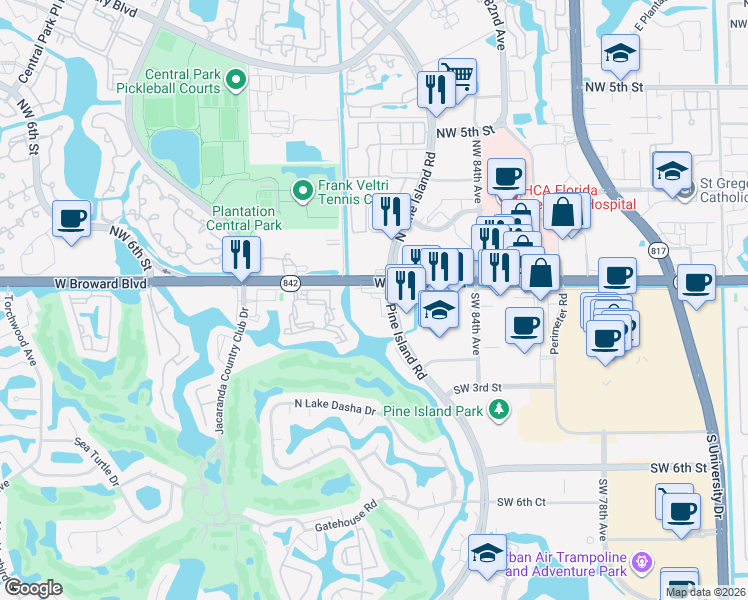 map of restaurants, bars, coffee shops, grocery stores, and more near 1 South Pine Island Road in Plantation
