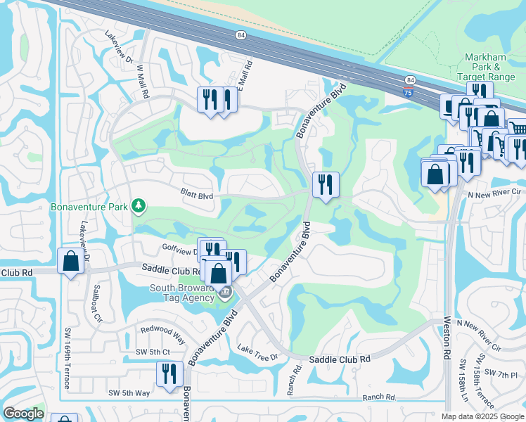 map of restaurants, bars, coffee shops, grocery stores, and more near 16620 Sunset Way in Weston