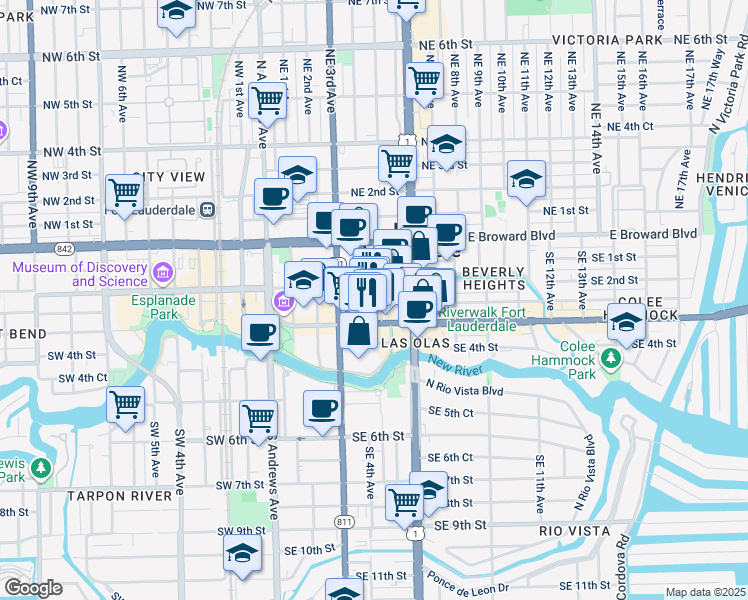 map of restaurants, bars, coffee shops, grocery stores, and more near 401 East Las Olas Boulevard in Fort Lauderdale