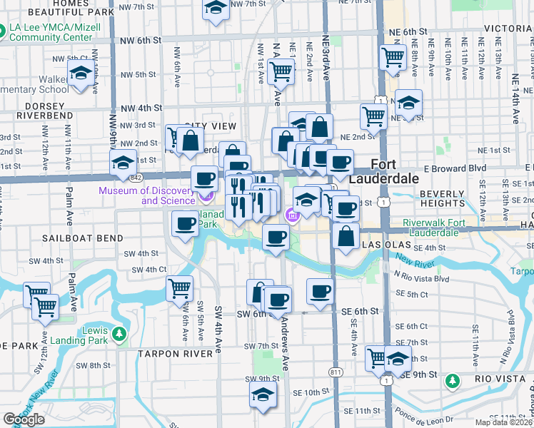map of restaurants, bars, coffee shops, grocery stores, and more near 301 Southwest 1st Avenue in Fort Lauderdale
