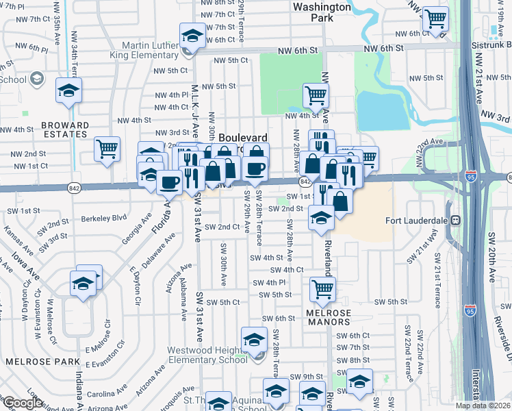 map of restaurants, bars, coffee shops, grocery stores, and more near 221 Southwest 28th Terrace in Fort Lauderdale