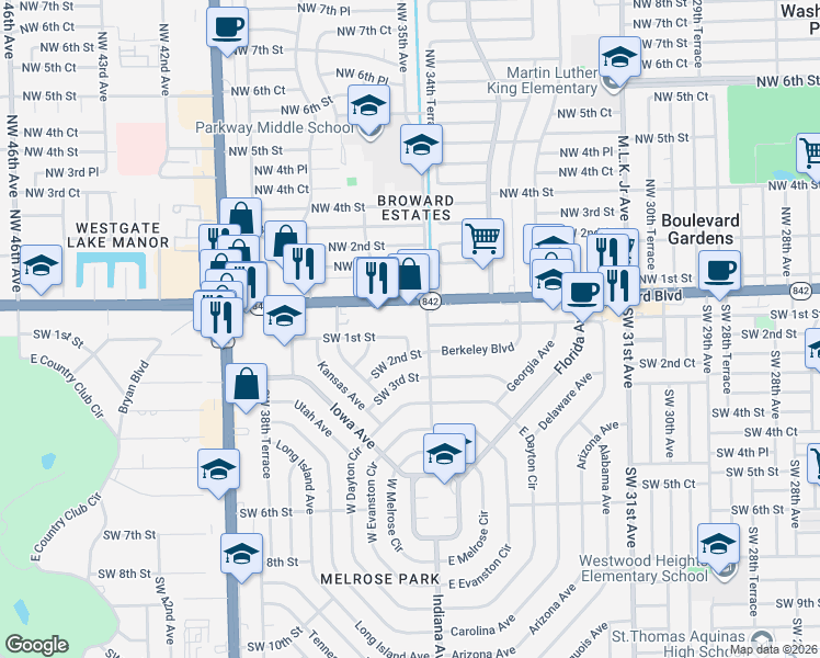 map of restaurants, bars, coffee shops, grocery stores, and more near 3525 Southwest 2nd Street in Fort Lauderdale