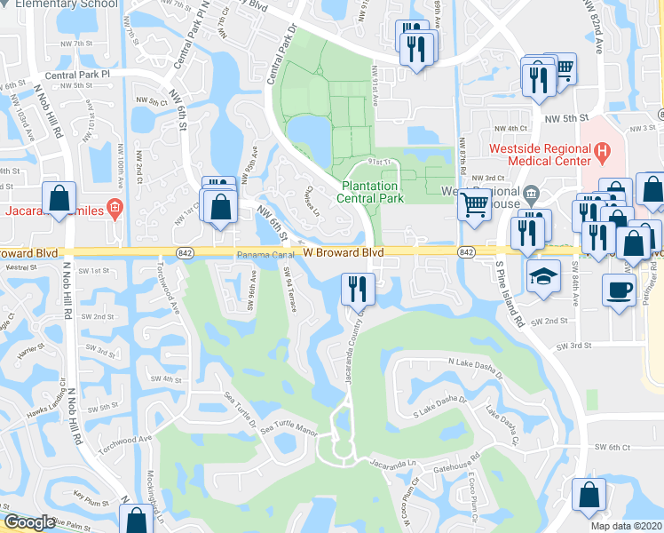 map of restaurants, bars, coffee shops, grocery stores, and more near 129 Southwest 1st Street in Plantation