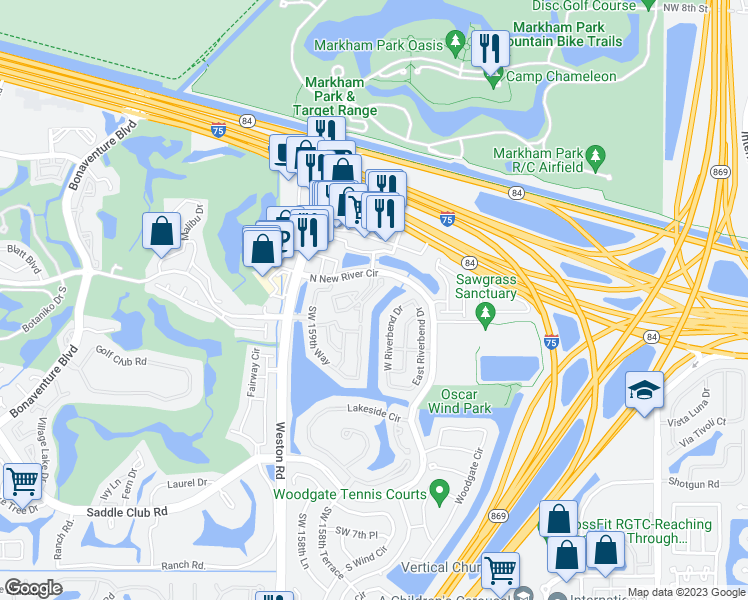 map of restaurants, bars, coffee shops, grocery stores, and more near 201 West Riverbend Drive in Sunrise