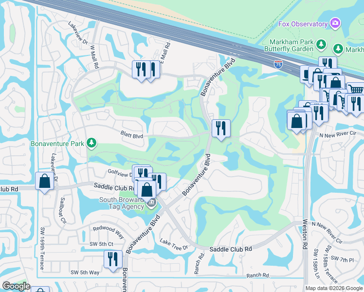 map of restaurants, bars, coffee shops, grocery stores, and more near 16543 Botaniko Drive South in Weston