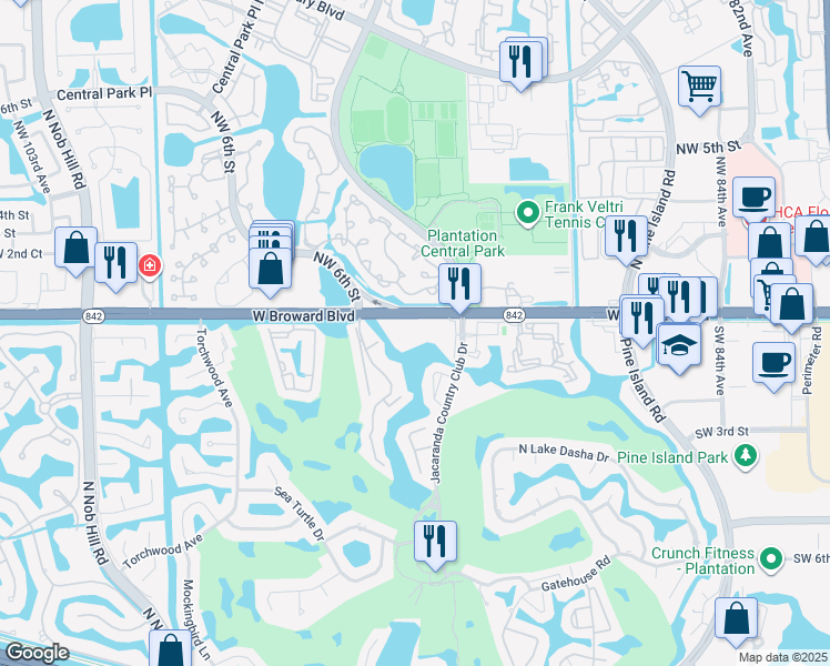 map of restaurants, bars, coffee shops, grocery stores, and more near 129 Southwest 1st Street in Plantation