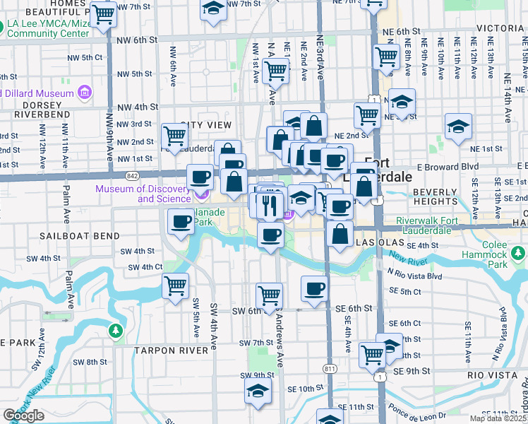 map of restaurants, bars, coffee shops, grocery stores, and more near 1 West Las Olas Boulevard in Fort Lauderdale