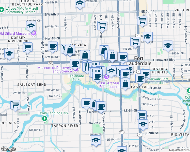 map of restaurants, bars, coffee shops, grocery stores, and more near 301 Southwest 1st Avenue in Fort Lauderdale