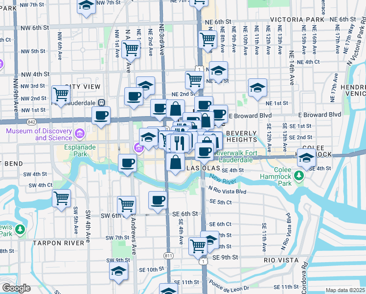 map of restaurants, bars, coffee shops, grocery stores, and more near 401 East Las Olas Boulevard in Fort Lauderdale