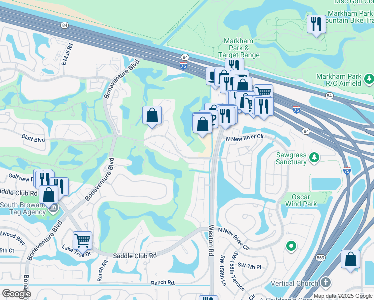 map of restaurants, bars, coffee shops, grocery stores, and more near 16061 La Costa Drive in Weston
