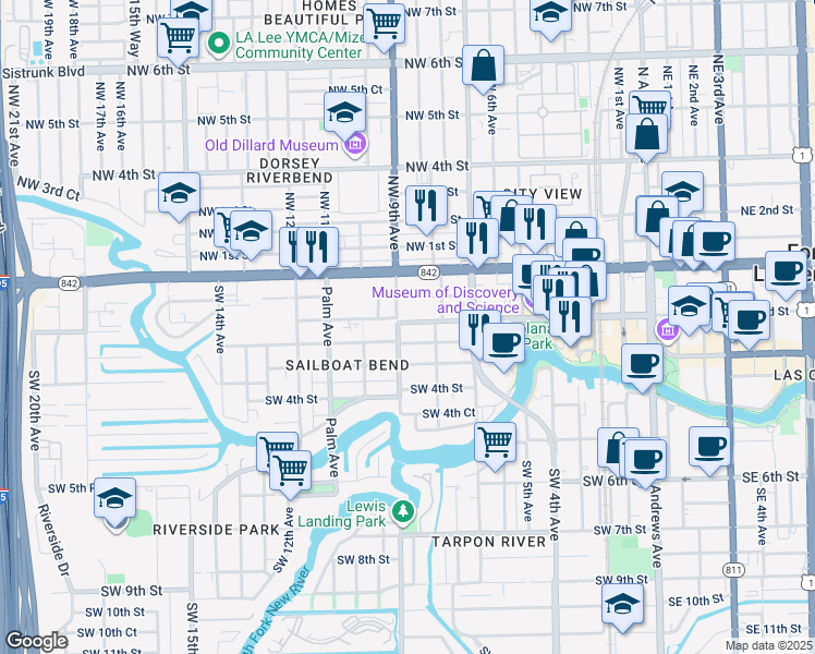 map of restaurants, bars, coffee shops, grocery stores, and more near 842 Himmarshee Street in Fort Lauderdale