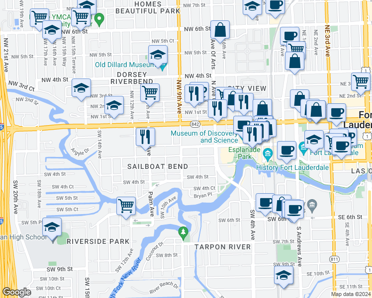 map of restaurants, bars, coffee shops, grocery stores, and more near 842 Southwest 2nd Street in Fort Lauderdale