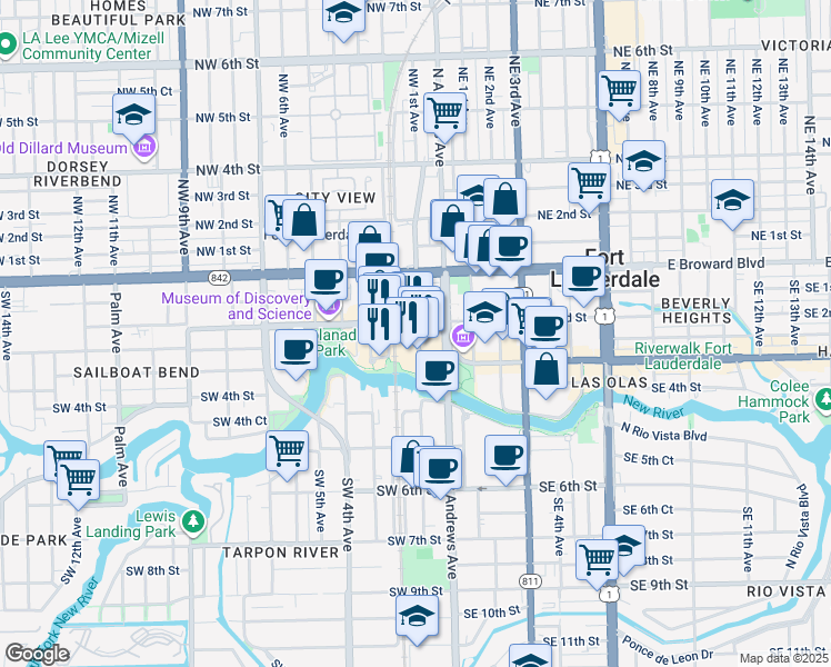 map of restaurants, bars, coffee shops, grocery stores, and more near 300 Southwest 1st Avenue in Fort Lauderdale