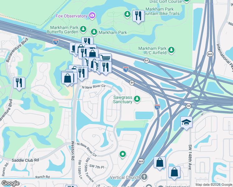 map of restaurants, bars, coffee shops, grocery stores, and more near 150 East Riverbend Drive in Sunrise