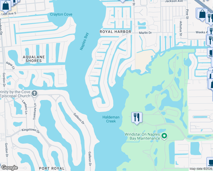 map of restaurants, bars, coffee shops, grocery stores, and more near 2390 Tarpon Road in Naples