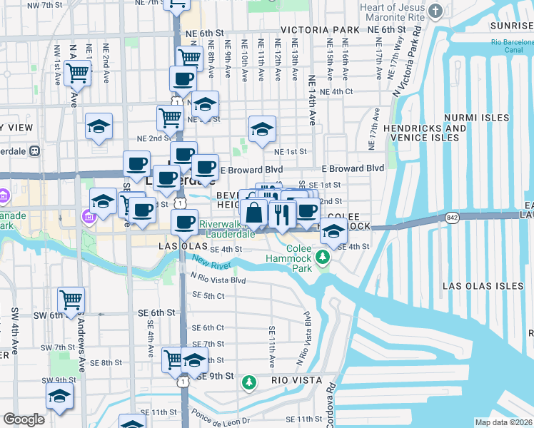 map of restaurants, bars, coffee shops, grocery stores, and more near 1119 East Las Olas Boulevard in Fort Lauderdale