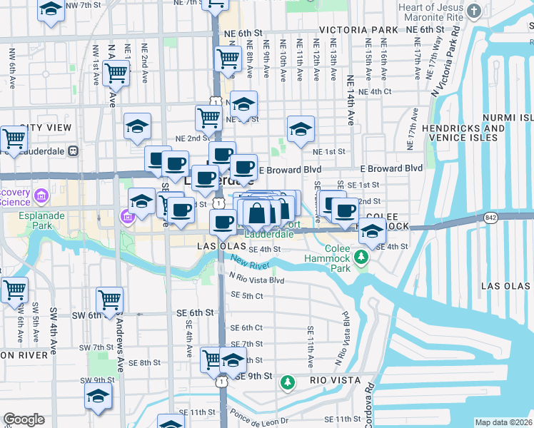 map of restaurants, bars, coffee shops, grocery stores, and more near 821 East Las Olas Boulevard in Fort Lauderdale