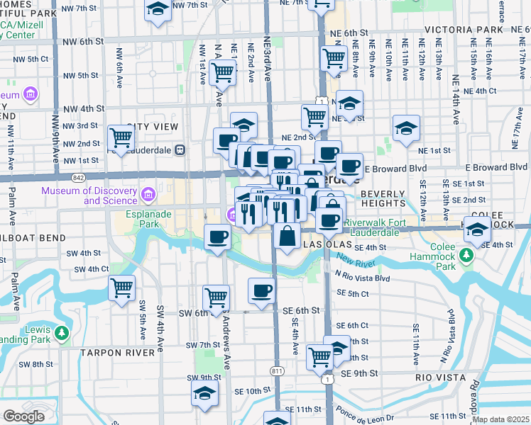 map of restaurants, bars, coffee shops, grocery stores, and more near 188 Southeast 3rd Avenue in Fort Lauderdale
