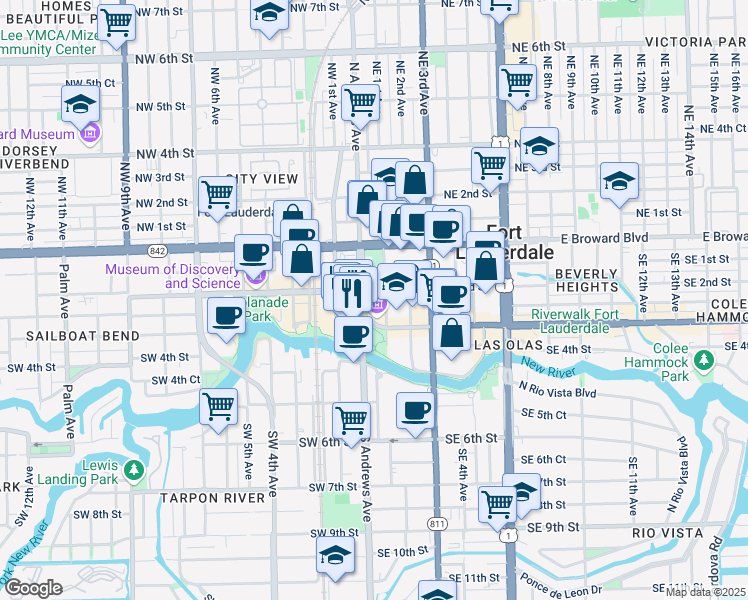 map of restaurants, bars, coffee shops, grocery stores, and more near 1 West Las Olas Boulevard in Fort Lauderdale