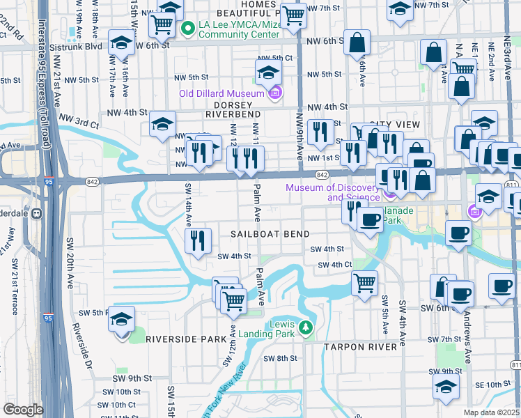 map of restaurants, bars, coffee shops, grocery stores, and more near 1012 Middle Street in Fort Lauderdale