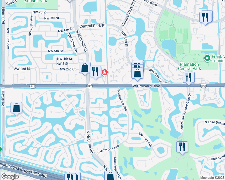 map of restaurants, bars, coffee shops, grocery stores, and more near 9840 Southwest 1st Street in Plantation
