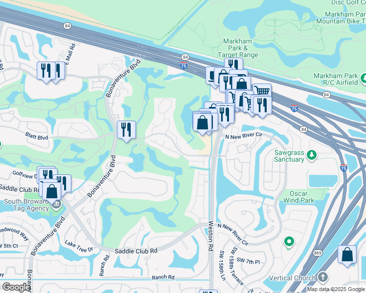map of restaurants, bars, coffee shops, grocery stores, and more near 16100 La Costa Drive in Weston