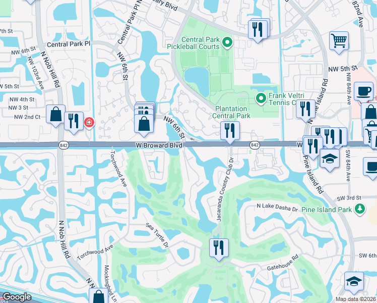 map of restaurants, bars, coffee shops, grocery stores, and more near 50 Wimbledon Lakes Drive in Plantation