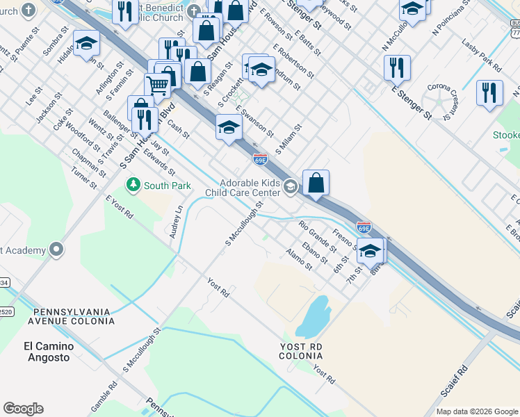 map of restaurants, bars, coffee shops, grocery stores, and more near 801 Alamo Street in San Benito