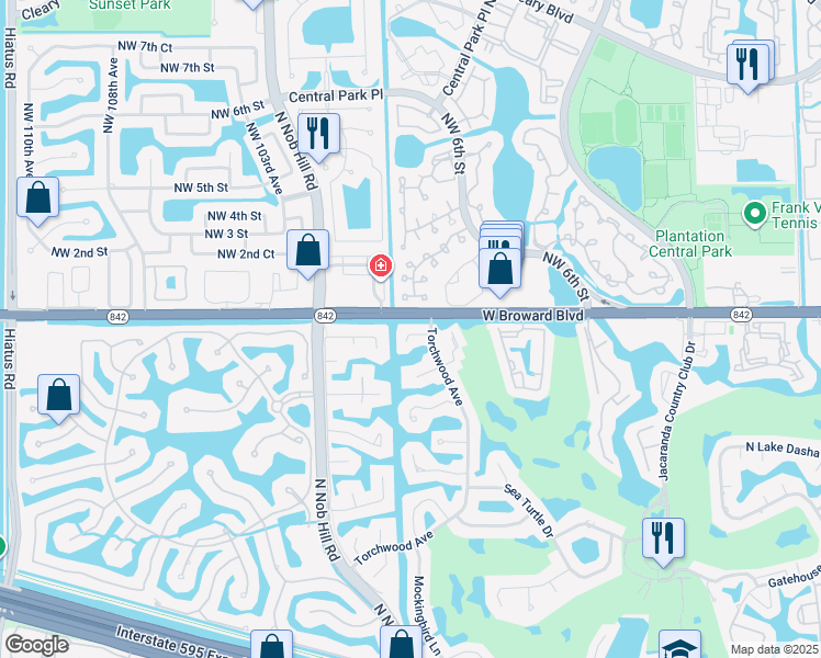 map of restaurants, bars, coffee shops, grocery stores, and more near 9840 Southwest 1st Street in Plantation