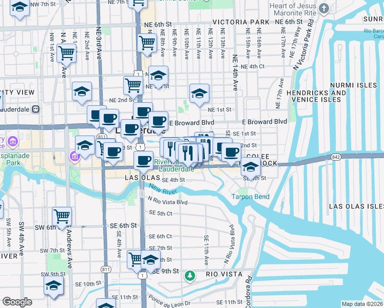 map of restaurants, bars, coffee shops, grocery stores, and more near 1007 East Las Olas Boulevard in Fort Lauderdale