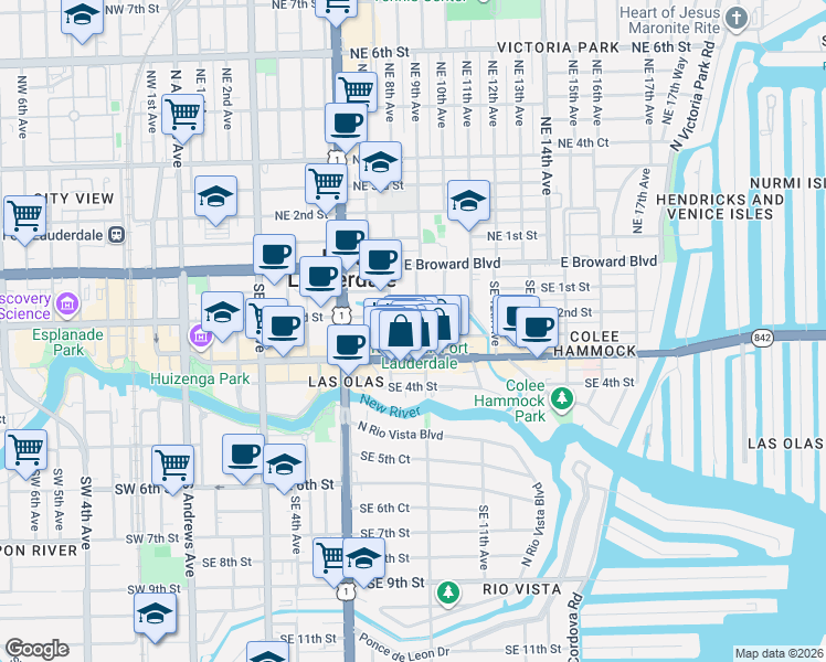 map of restaurants, bars, coffee shops, grocery stores, and more near 821 Southeast 2nd Court in Fort Lauderdale