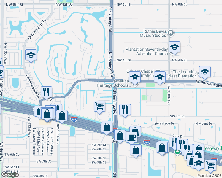 map of restaurants, bars, coffee shops, grocery stores, and more near 12400 Southwest 1st Street in Plantation