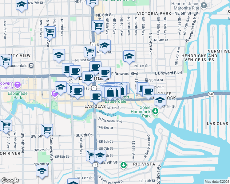 map of restaurants, bars, coffee shops, grocery stores, and more near 821 East Las Olas Boulevard in Fort Lauderdale